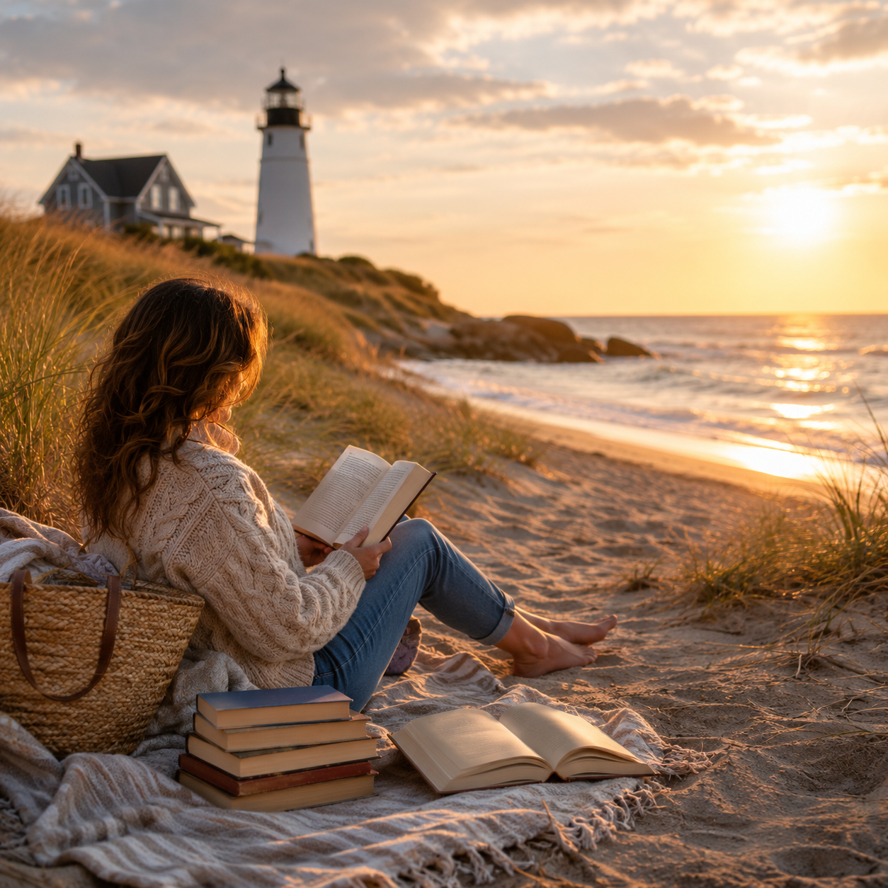 Woman reading a book on a Cape Cod beach near the ocean and lighthouse