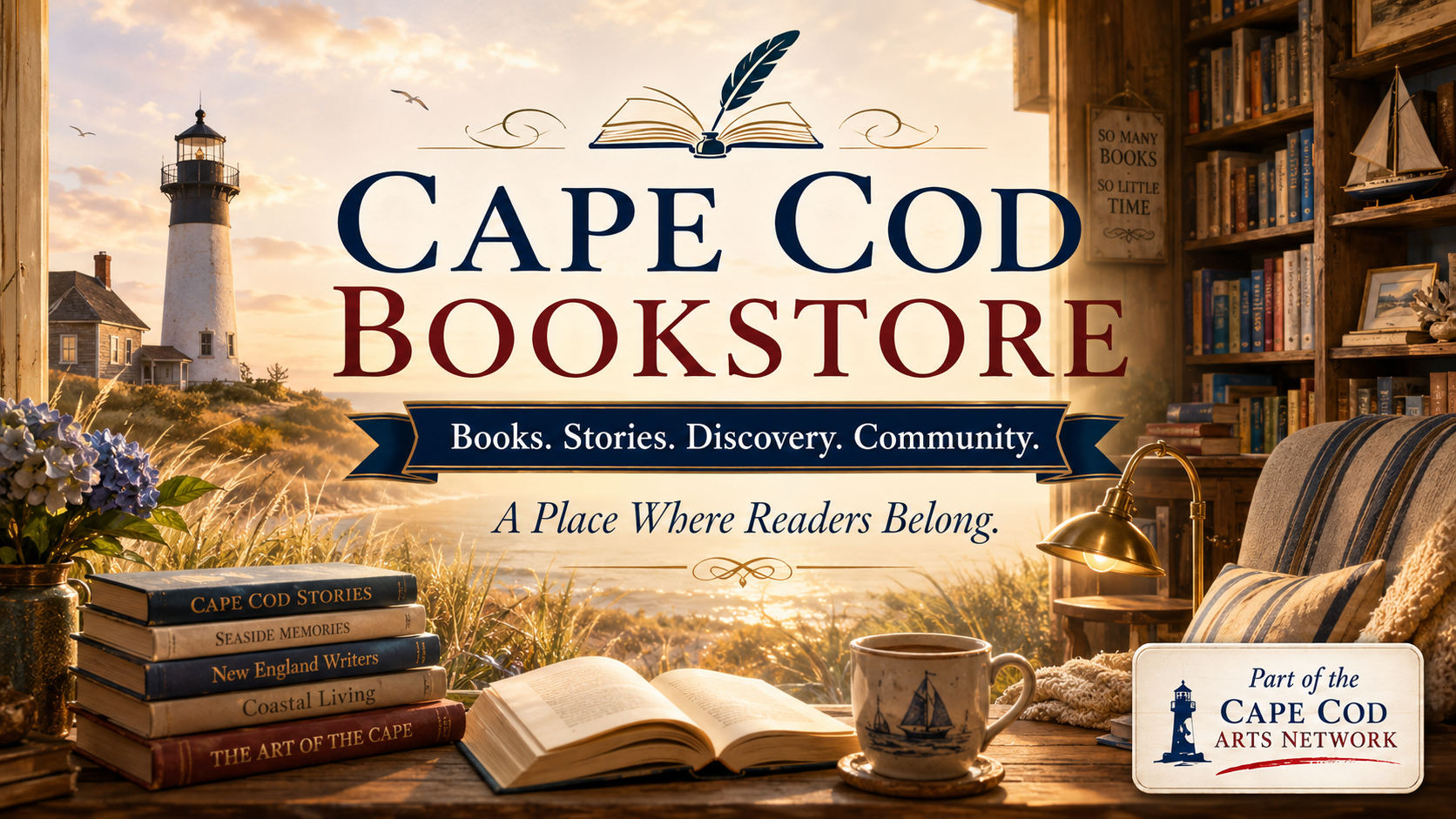 Cape Cod Bookstore landing graphic with Cape Cod lighthouse, books, reading nook, and Part of the Cape Cod Arts Network badge